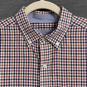 Johnston Murphy Shirt L Blue Orange Check Plaid Button Down Long Sleeve Cotton